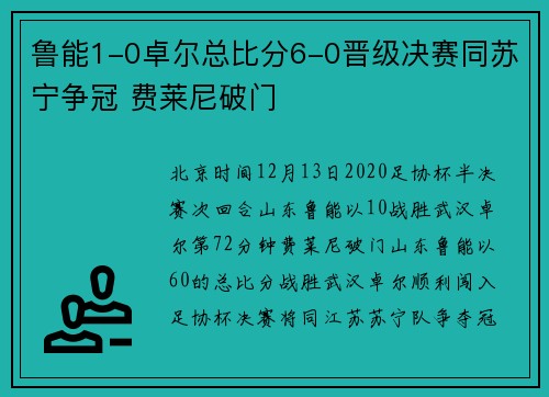 鲁能1-0卓尔总比分6-0晋级决赛同苏宁争冠 费莱尼破门